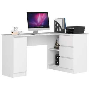 Grand Bureau D'angle Akord Droit B20 Blanc 155 Cm 1 Porte 3 Tiroirs Façade Blanche 4 Étagères 155X85X77 Cm