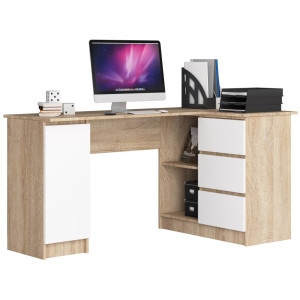 Grand Bureau D'angle Akord Droit B20 Chêne Sonoma 155 Cm 1 Porte 3 Tiroirs Façade Blanche 4 Étagères 155X85X77 Cm