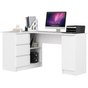 Grand Bureau D'angle Akord Gauche B20 Blanc 155 Cm 1 Porte 3 Tiroirs Façade Blanche 4 Étagères 155X85X77 Cm