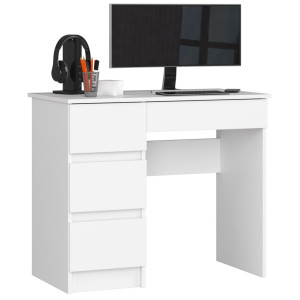 Bureau D'ordinateur Akord Gauche A7 Blanc 90 Cm 4 Tiroirs Façade Blanche 90X50X77 Cm