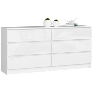 Grande Commode Pour Le Salon Akord K160 Blanche 160 Cm 6 Tiroirs Façade Blanche Brillante 160X40X77 Cm