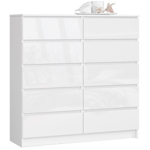 Commode Akord K120 Blanche 120 Cm 10 Tiroirs Façade Blanche Brillante 120X40X121 Cm