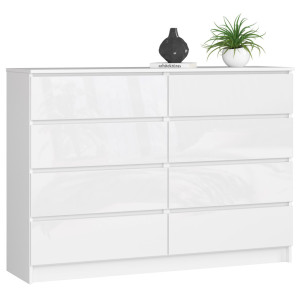 Commode Akord K140 Blanche 138 Cm 8 Tiroirs Façade Blanche Brillante 138X40X99 Cm