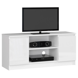Meuble Tv Pour Salon Akord Blanc 120 Cm 2 Portes Façade Blanche Brillante 2 Étagères 120X40X55 Cm
