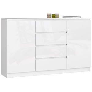 Grande Commode Pour Le Salon Akord K160 Blanche 160 Cm 2 Portes 4 Tiroirs Façade Blanche Brillante 4 Étagères 160X40X99 Cm