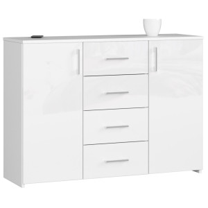 Commode Akord K45 Blanche 110 Cm 2 Portes 4 Tiroirs Façade Blanche Brillante 4 Étagères 110X35X80 Cm