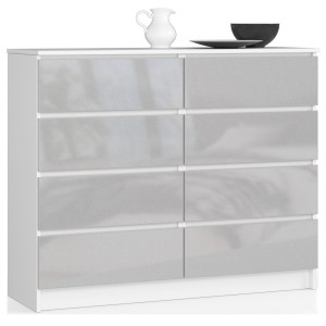 Commode Akord K120 Blanche 120 Cm 8 Tiroirs Façade Métallique Brillant 120X40X99 Cm