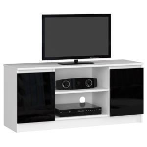 Meuble Tv Pour Salon Akord Blanc 120 Cm 2 Portes Façade Noir Brillant 2 Étagères 120X40X55 Cm
