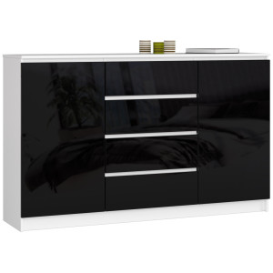 Grande Commode Pour Le Salon Akord K160 Blanche 160 Cm 2 Portes 4 Tiroirs Façade Noir Brillant 4 Étagères 160X40X99 Cm