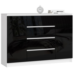Commode Akord K140 Blanche 138 Cm 2 Portes 4 Tiroirs Façade Noir Brillant 4 Étagères 138X40X99 Cm