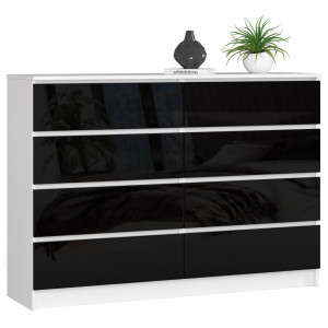 Commode Akord K140 Blanche 138 Cm 8 Tiroirs Façade Noir Brillant 138X40X99 Cm