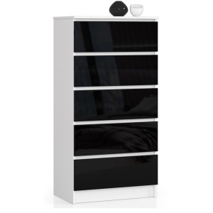 Commode Akord K60 Blanche 60 Cm 5 Tiroirs Façade Noir Brillant 60X40X121 Cm