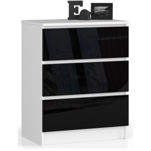 Commode Akord K60 Blanche 60 Cm 3 Tiroirs Façade Noir Brillant 60X40X77 Cm