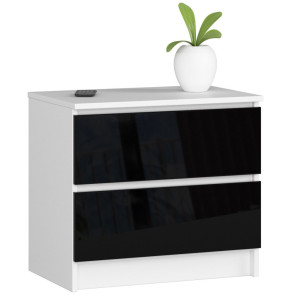 Table De Chevet Akord K60 Blanche 60 Cm 2 Tiroirs Façade Noir Brillant 60X40X55 Cm