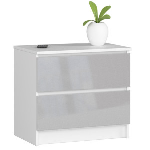 Table De Chevet Akord K60 Blanche 60 Cm 2 Tiroirs Façade Métallique Brillant 60X40X55 Cm