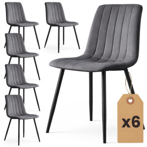Lot De 6 Chaises En Velours Matelassées Livo Graphite Foncé Pieds Noirs