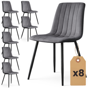 Lot De 8 Chaises En Velours Matelassées Livo Graphite Foncé Pieds Noirs
