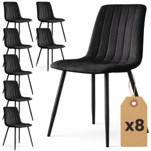 Lot De 8 Chaises En Velours Matelassées Livo Noires Pieds Noirs