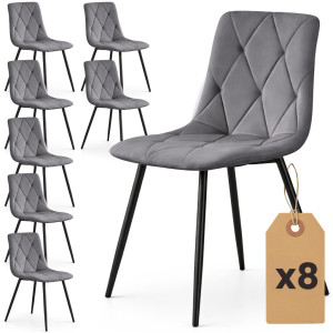 Lot De 8 Chaises En Velours Matelassées Milo Graphite Foncé Pieds Noirs