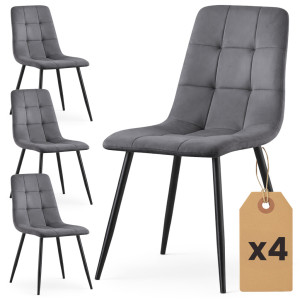 Lot De 4 Chaises En Velours Matelassées Nero Graphite Foncé Pieds Noirs