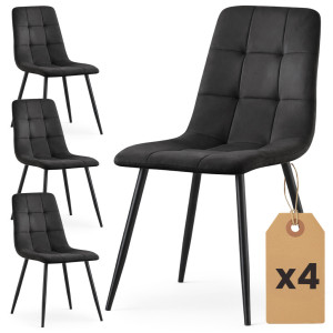 Lot De 4 Chaises En Velours Matelassées Nero Noires Pieds Noirs