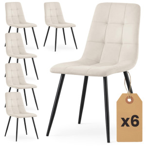 Lot De 6 Chaises En Velours Matelassées Nero Beige Pieds Noirs