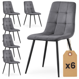 Lot De 6 Chaises En Velours Matelassées Nero Graphite Foncé Pieds Noirs