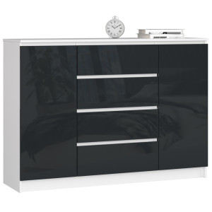 Commode Akord K140 Blanche 138 Cm 2 Portes 4 Tiroirs Façade Graphite Brillant 4 Étagères 138X40X99 Cm