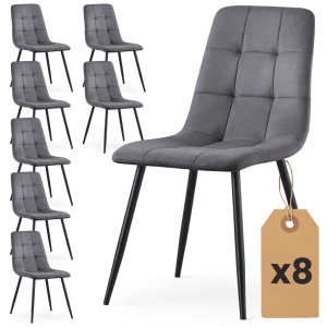 Lot De 8 Chaises En Velours Matelassées Nero Graphite Foncé Pieds Noirs