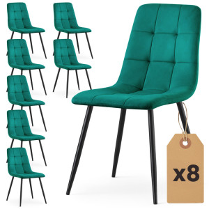 Lot De 8 Chaises En Velours Matelassées Nero Vert Bouteille Pieds Noirs