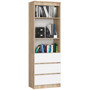 Bibliothèque De Bureau Akord R60 Chêne Sonoma 60 Cm 3 Tiroirs Façade Blanche Mat 3 Étagères 60X35X180 Cm
