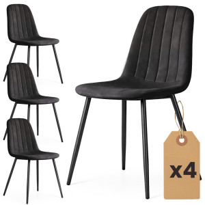 Lot De 4 Chaises En Velours Matelassées Lumo Noires Pieds Noirs