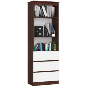 Bibliothèque De Bureau Akord R60 Wengé 60 Cm 3 Tiroirs Façade Blanche Mat 3 Étagères 60X35X180 Cm