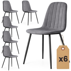 Lot De 6 Chaises En Velours Matelassées Lumo Graphite Foncé Pieds Noirs