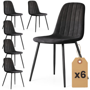 Lot De 6 Chaises En Velours Matelassées Lumo Noires Pieds Noirs