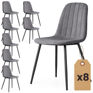 Lot De 8 Chaises En Velours Matelassées Lumo Graphite Foncé Pieds Noirs