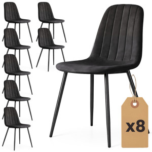 Lot De 8 Chaises En Velours Matelassées Lumo Noires Pieds Noirs