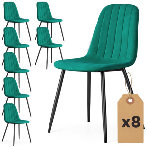 Lot De 8 Chaises En Velours Matelassées Lumo Vert Bouteille Pieds Noirs