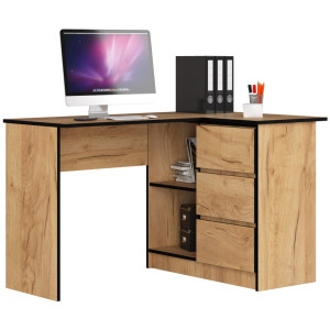 Bureau Akord D'angle Droit B16 Chêne Craft 124 Cm 3 Tiroirs Façade Chêne Craft 2 Étagères 124X85X77 Cm