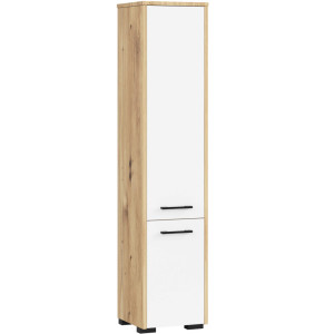 Colonne Salle De Bains Akord Fin Chêne Artisan 30 Cm 2 Portes Façade Blanche 5 Étagères 30X30X140 Cm