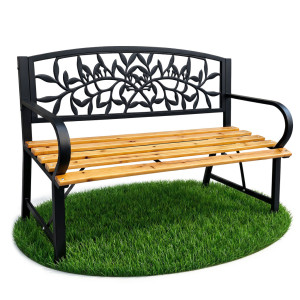 Banc De Jardin Noir Reo Avec Bois Laqué Et Pieds En Acier, Largeur 118 Cm
