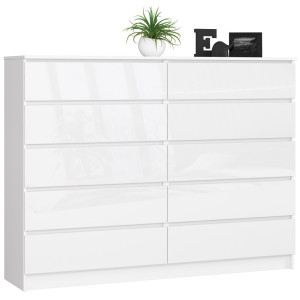 Grande Commode Pour Le Salon Akord K160 Blanche 160 Cm 10 Tiroirs Façade Blanche Brillante 160X40X121 Cm