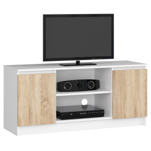 Meuble Tv Pour Salon Akord Blanc 120 Cm 2 Portes Façade Chêne Sonoma 2 Étagères 120X40X55 Cm