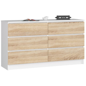 Commode Akord K140 Blanche 138 Cm 6 Tiroirs Façade Chêne Sonoma 138X40X77 Cm
