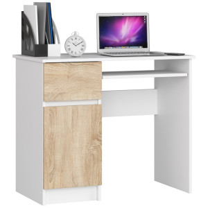 Bureau D'ordinateur Akord Gauche Piksel Blanc 90 Cm 1 Porte 1 Tiroir Façade Chêne Sonoma 3 Étagères 90X50X77 Cm