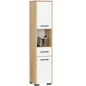 Colonne Salle De Bains Akord Fin Chêne Artisan 30 Cm 2 Portes 1 Tiroir Façade Blanche 5 Étagères 30X30X140 Cm
