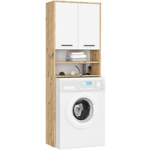Meuble Pour Machine À Laver Fin Chêne Artisan 64 Cm 2 Portes Façade Blanche Niche 4 Étagères 64X30X180 Cm
