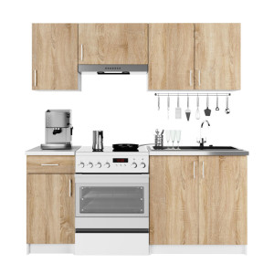 Ensemble De Cuisine Akord Lima Blanc 180 Cm 7 Portes 1 Tiroir Façade Chêne Sonoma 8 Étagères 180X44,5X203 Cm