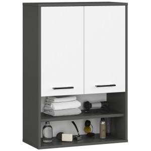 Armoire Salle De Bains Akord Fin Accr. Au Mur Gris Graphite 64 Cm 2 Portes Façade Blanche 4 Étagères 64X30X94 Cm