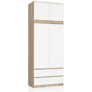 Armoire Avec Surmeuble Akord S90 Chêne Sonoma 90 Cm 2 Portes 2 Tiroirs Façade Blanche 6 Étagères 90X51X234 Cm